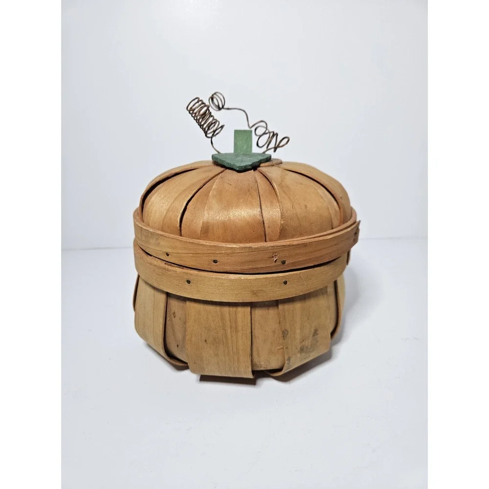 Pumpkin Wooden Bushel Basket with Lid Orange Halloween Fall Decor 6